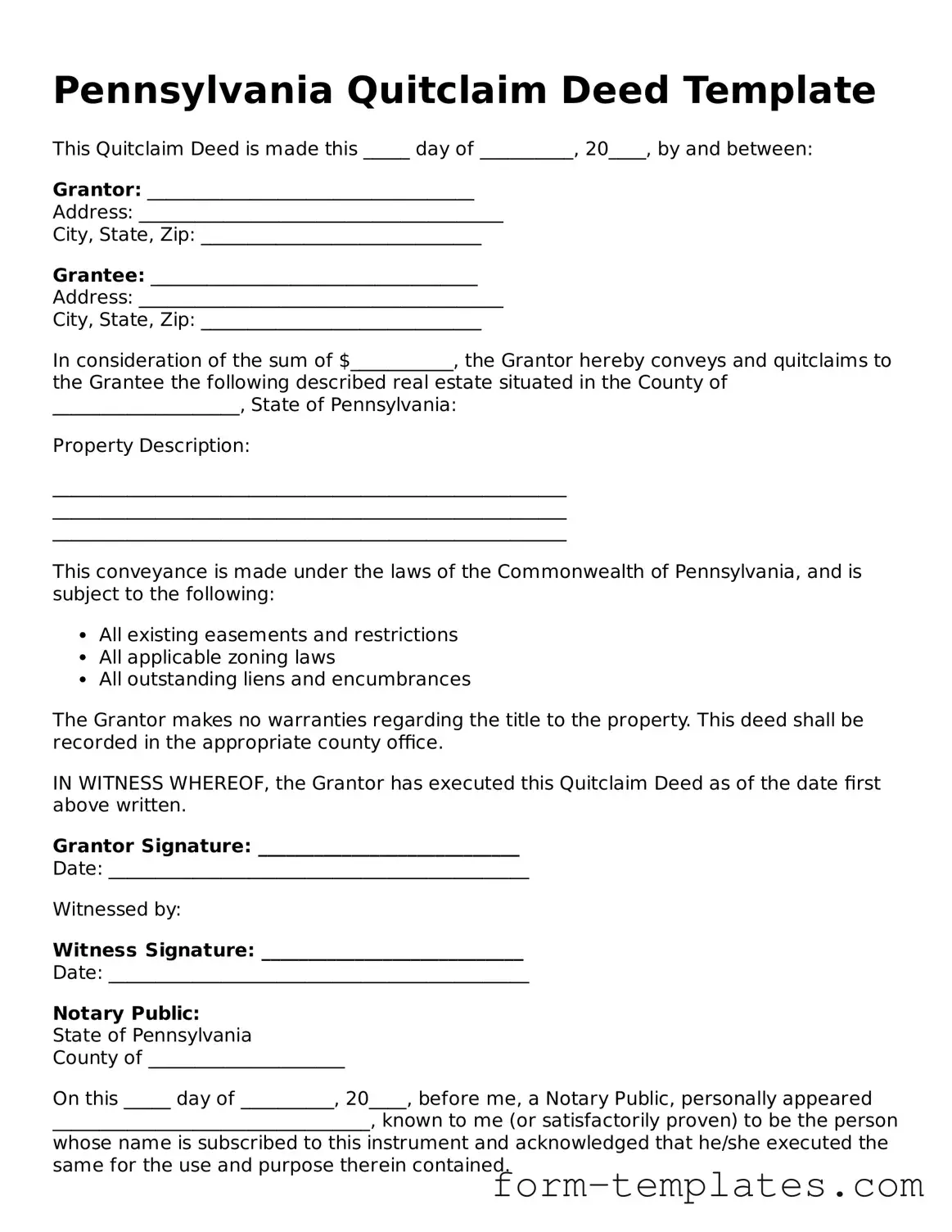 Printable Quitclaim Deed Form for the State of Pennsylvania