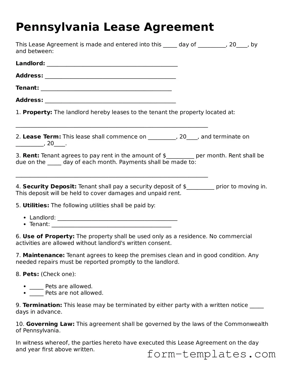 Printable Lease Agreement Form for the State of Pennsylvania