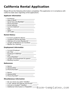 Printable Rental Application Form for the State of California
