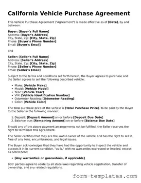 Printable Vehicle Purchase Agreement Form for the State of California