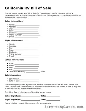 Printable RV Bill of Sale Form for the State of California