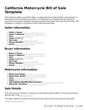 Printable Motorcycle Bill of Sale Form for the State of California