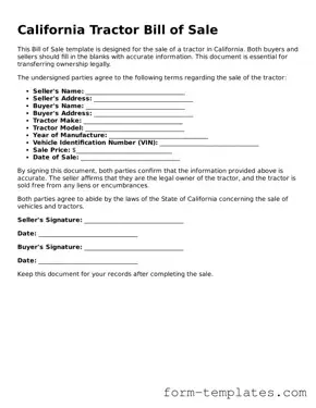 Printable Tractor Bill of Sale Form for the State of California