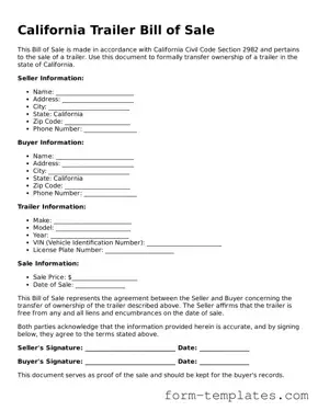 Printable Trailer Bill of Sale Form for the State of California