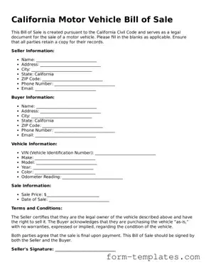 Printable Motor Vehicle Bill of Sale Form for the State of California