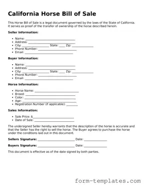 Printable Horse Bill of Sale Form for the State of California