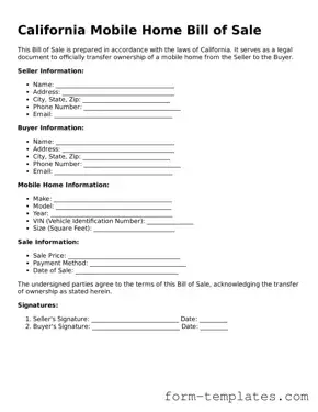 Printable Mobile Home Bill of Sale Form for the State of California