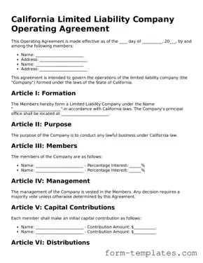 Printable Operating Agreement Form for the State of California