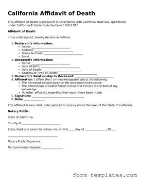 Printable Affidavit of Death Form for the State of California