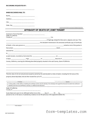 Fill Out a Valid California Death of a Joint Tenant Affidavit Template