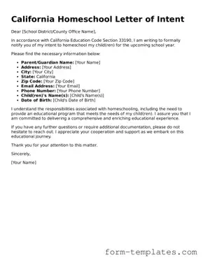 Printable Homeschool Letter of Intent Form for the State of California