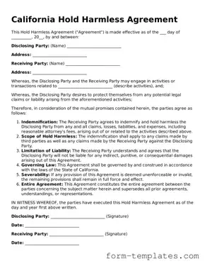 Printable Hold Harmless Agreement Form for the State of California