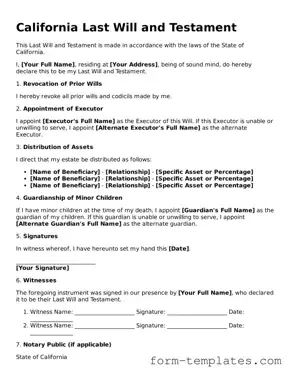 Printable Last Will and Testament Form for the State of California