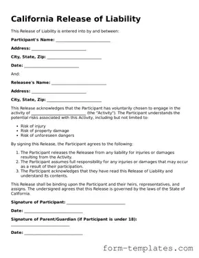 Printable Release of Liability Form for the State of California