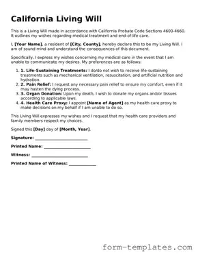 Printable Living Will Form for the State of California