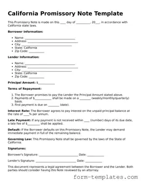 Printable Promissory Note Form for the State of California