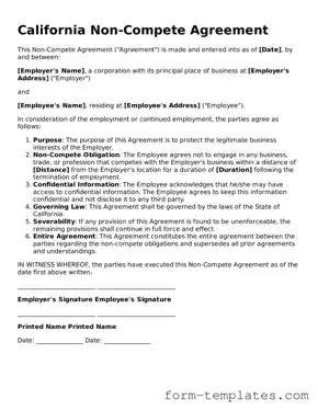 Printable Non-compete Agreement Form for the State of California