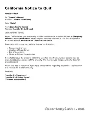 Printable Notice to Quit Form for the State of California