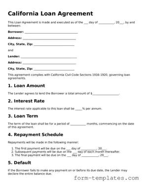 Printable Loan Agreement Form for the State of California