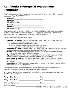 Printable Prenuptial Agreement Form for the State of California