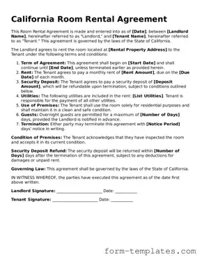 Printable Room Rental Agreement Form for the State of California