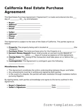 Printable Real Estate Purchase Agreement Form for the State of California