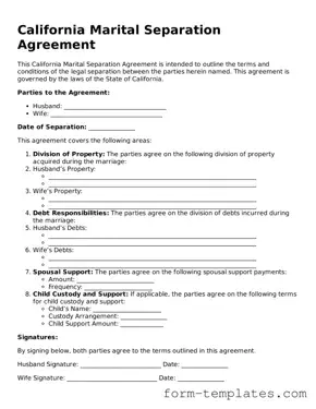 Printable Marital Separation Agreement Form for the State of California