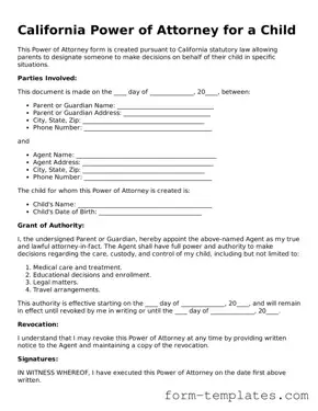 Printable Power of Attorney for a Child Form for the State of California