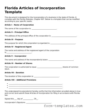 Printable Articles of Incorporation Form for the State of Florida