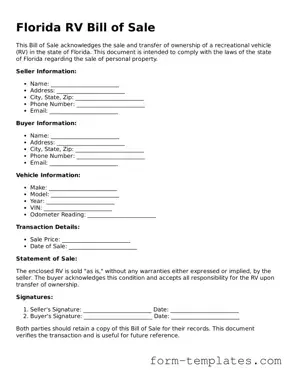 Printable RV Bill of Sale Form for the State of Florida