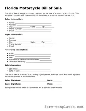 Printable Motorcycle Bill of Sale Form for the State of Florida