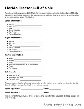 Printable Tractor Bill of Sale Form for the State of Florida