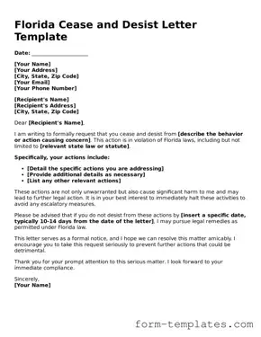 Printable Cease and Desist Letter Form for the State of Florida
