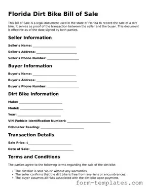 Printable Dirt Bike Bill of Sale Form for the State of Florida