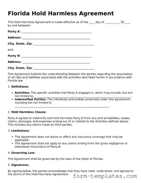 Printable Hold Harmless Agreement Form for the State of Florida