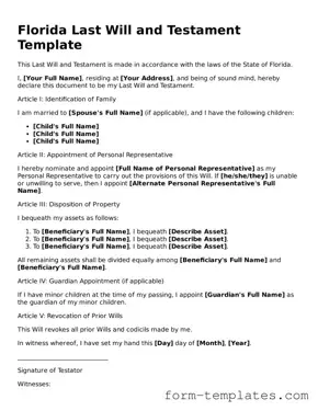Printable Last Will and Testament Form for the State of Florida