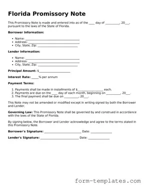 Printable Promissory Note Form for the State of Florida