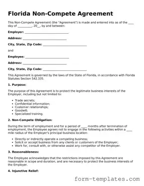 Printable Non-compete Agreement Form for the State of Florida