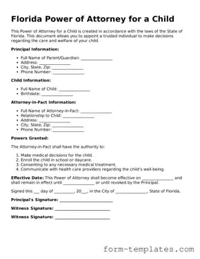 Printable Power of Attorney for a Child Form for the State of Florida