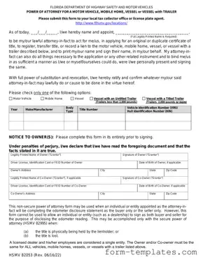 Fill Out a Valid Florida Vehicle POA form 82053 Template