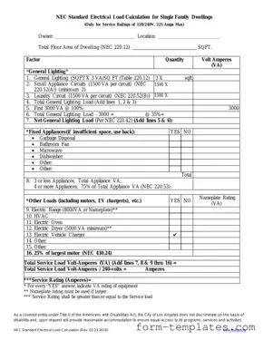 Fill Out a Valid LADBS NEC Standard Electrical Load Calculation Template