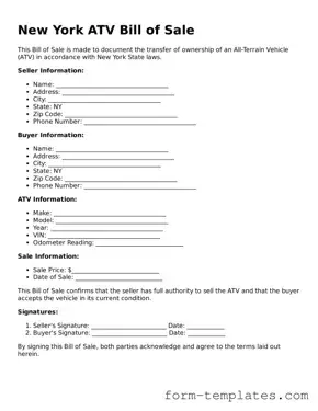 Printable ATV Bill of Sale Form for the State of New York