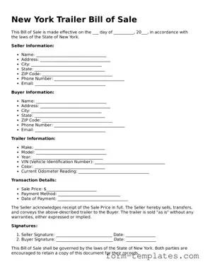 Printable Trailer Bill of Sale Form for the State of New York