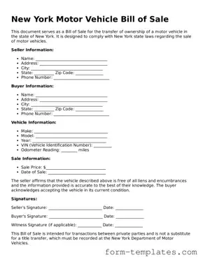 Printable Motor Vehicle Bill of Sale Form for the State of New York