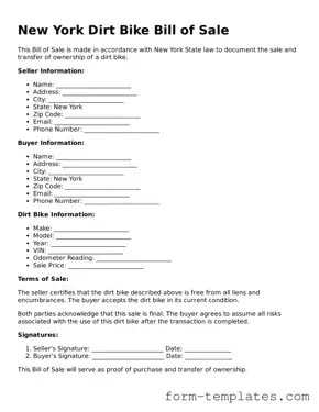 Printable Dirt Bike Bill of Sale Form for the State of New York