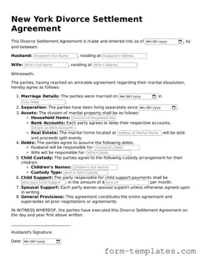 Printable Divorce Settlement Agreement Form for the State of New York