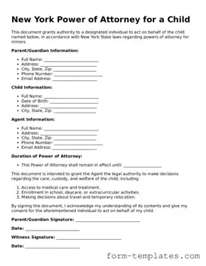 Printable Power of Attorney for a Child Form for the State of New York