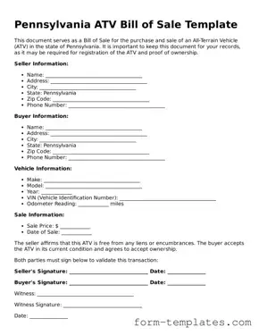 Printable ATV Bill of Sale Form for the State of Pennsylvania