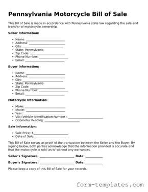 Printable Motorcycle Bill of Sale Form for the State of Pennsylvania