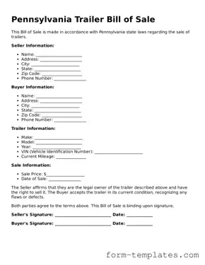 Printable Trailer Bill of Sale Form for the State of Pennsylvania